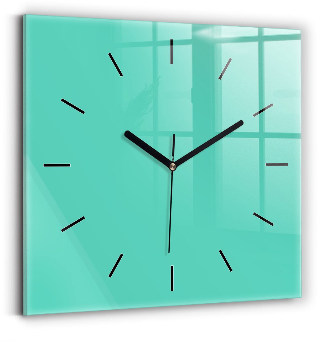 Wallfluent Wandklok - Turkoois Vierkante Glazen Wandklok - 30 cm x 30 cm - Turkoois Wandklok - Zwarte Handen - Wandklok Zonder Cijfers - Wandklok Glas Woonkamer - Vierkante Glas Klok - Scandinavisch Wandklok - Vierkante Glazen Klok