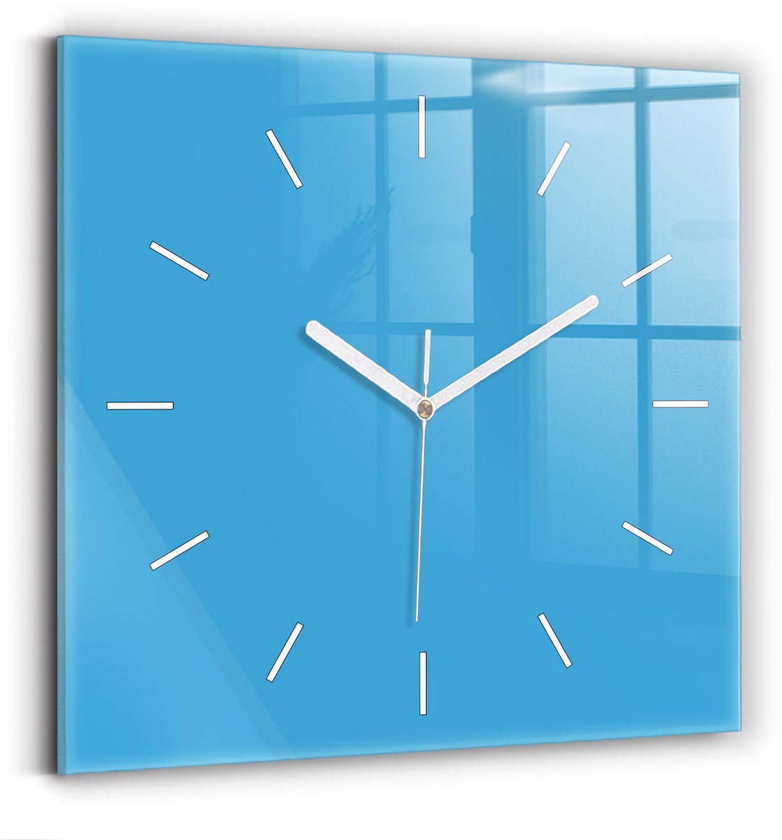 Wallfluent Wandklok - Blauw Vierkante Glas Klok - 30 cm x 30 cm - Blauw Wandklok - Witte Handen - Wandklok Zonder Cijfers - Wandklok voor in de Keuken - Vierkante Glazen Klok - Minimalistisch Wandklok - Vierkante Glazen Wandklok