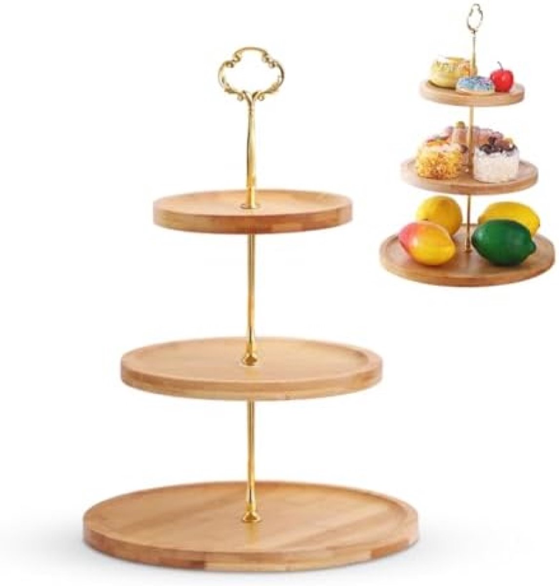 PromoHome Ronde 3-laags Dessertstandaard - Bamboe met Handgreep