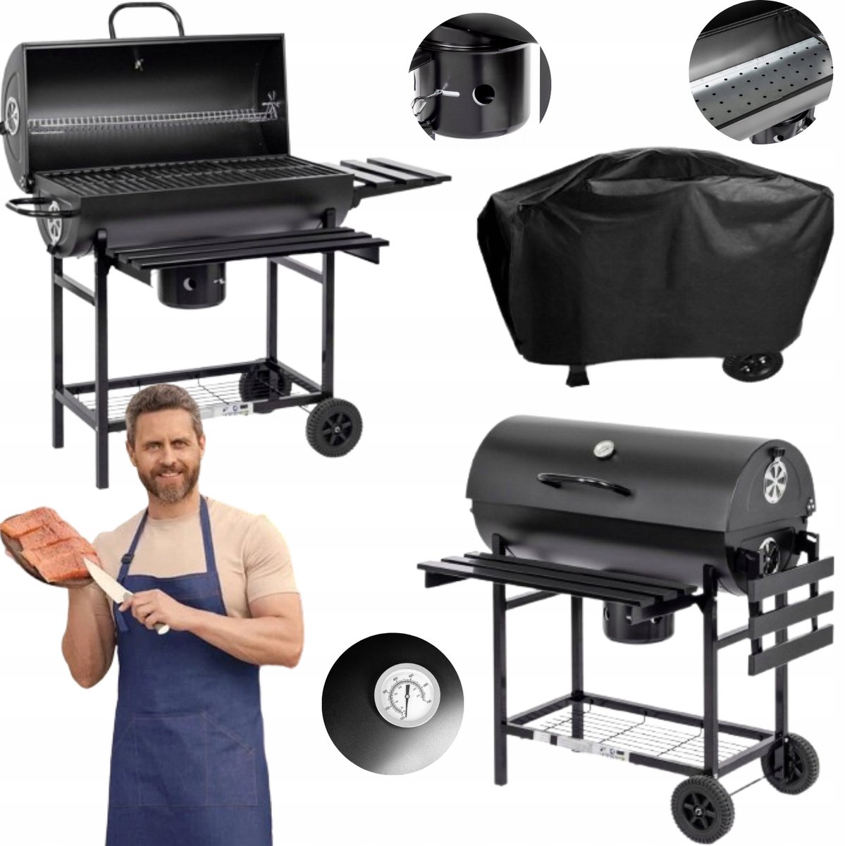 Merkloos Koolgrill Vat 70x35cm met Deksel en Thermometer + Schoffels