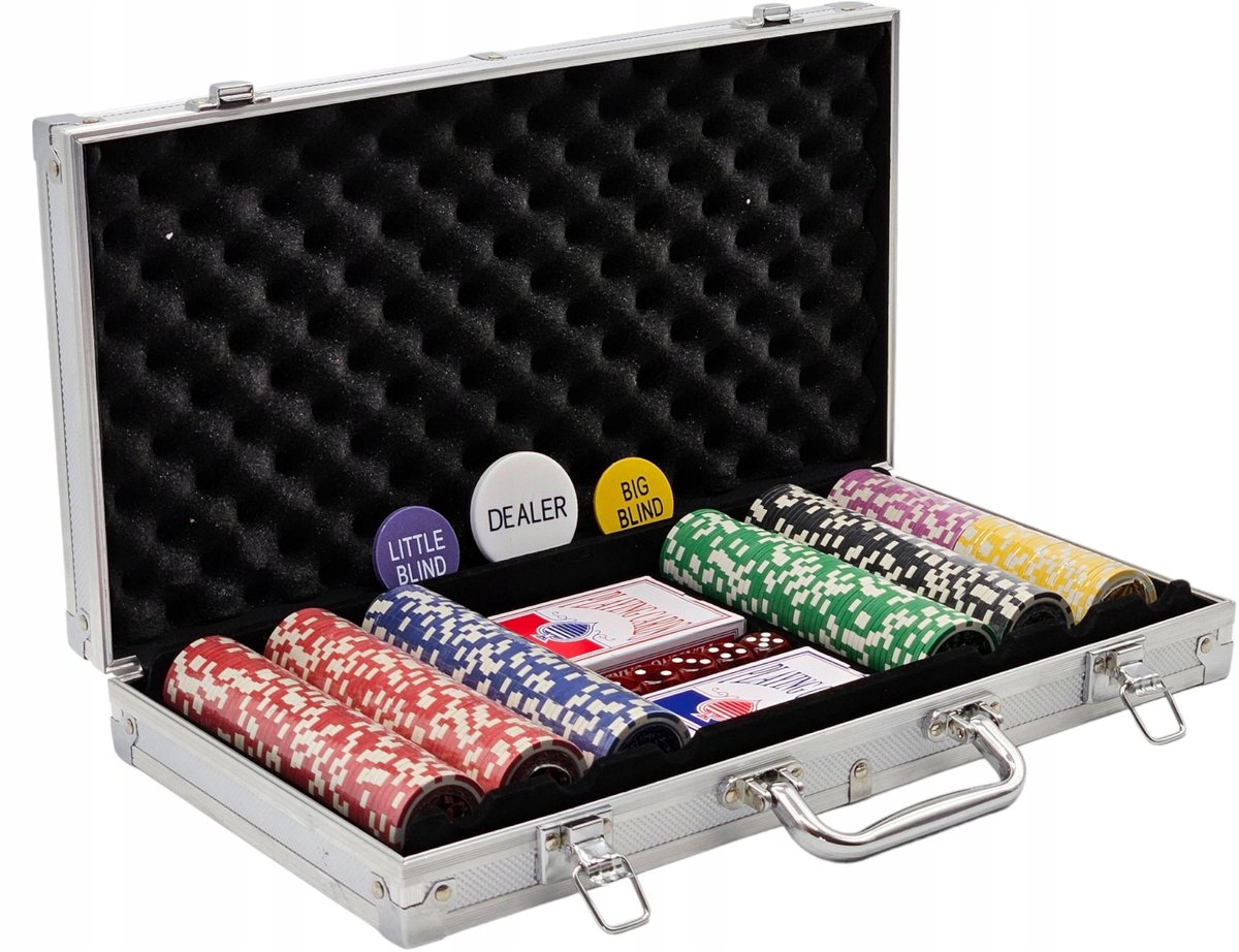 Premium pokerset: 300 fiches, 2 kaartspellen, dobbelstenen en doos
