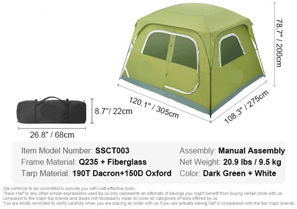 Kampeertent - Tent - Kampeertent 6 Personen - Waterdicht - Buitentent - UV -Bescherming - 10x9x7ft - Snelle Opzet - Inclusief Draagtas