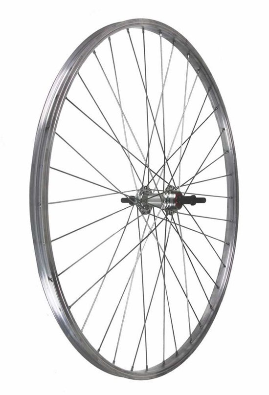 Zilverkleurig fietswiel van 26 inch met een aluminium velg, zilveren spaken en een zilverkleurige naaf.