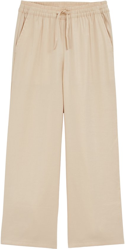 Een beige wijde broek met elastische tailleband en trekkoord, van voren gefotografeerd.