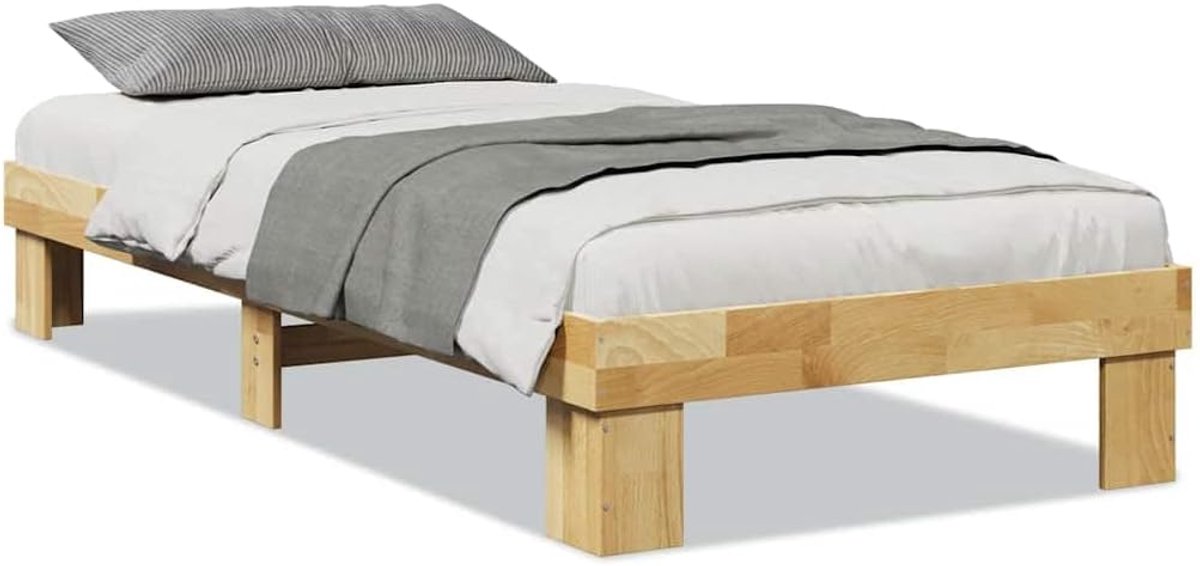 Bedframe 90x200 cm in massief eikenhout - Eenpersoonsbed met lattenbodem en opbergruimte