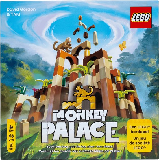 De doos van LEGO Monkey Palace met een bruine, oranje en beige toren en apen, met de tekst "Monkey Palace" en "LEGO".
