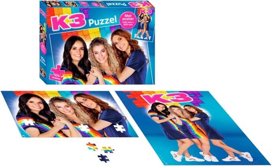 K3 puzzeldoos met afbeelding van drie vrouwen in regenboogjurken. K3 logo.