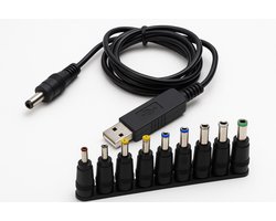 USB naar 12V DC Voedingskabel – 1M Adapterkabel met 8 Opzetstukken – 5V naar 12V Booster – Universeel voor Router, LED, CCTV & SATA – Zwart