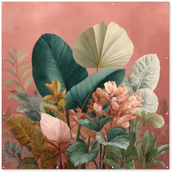 Tuinposter 200x200 cm - Tuindecoratie Tropische bladeren - Bloemen - Roze - groen - Poster voor in de tuin - Buiten decoratie - Schutting tuinschilderij - Tuindoek muurdecoratie - Wanddecoratie balkondoek