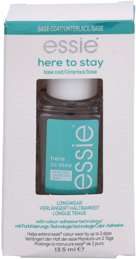 Essie here to stay base coat in verpakking, heldere nagellak in een vierkant flesje met witte dop.