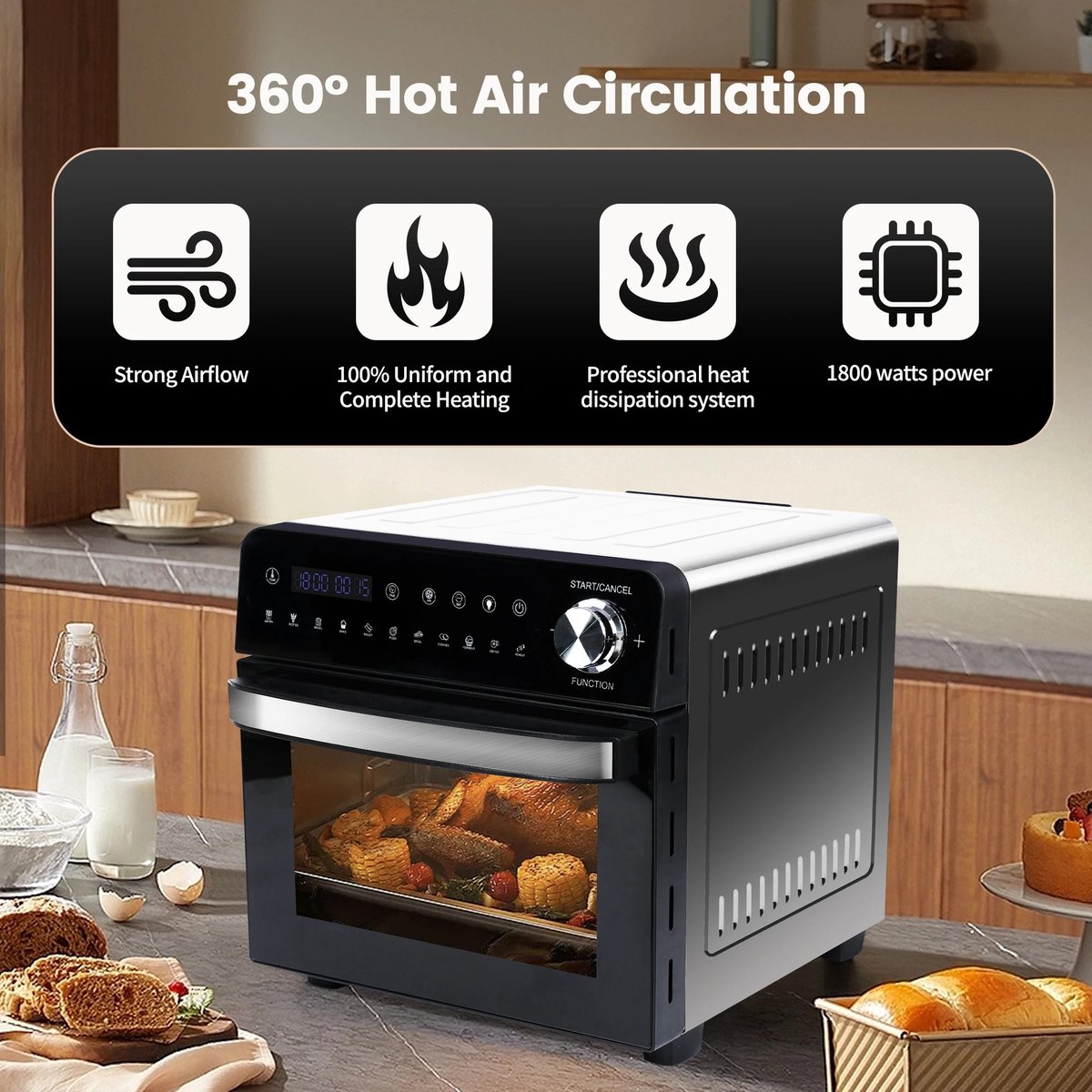 Afbeelding 2 van XXL Heteluchtfriteuse – 14 Liter – Multifunctioneel 11-in-1 – Airfryer, Oven, Grill, Rotisserie & Voedseldroger– LED Touchscreen met Draaiknop – Inclusief Accessoires – Zwart/RVS - TELEO