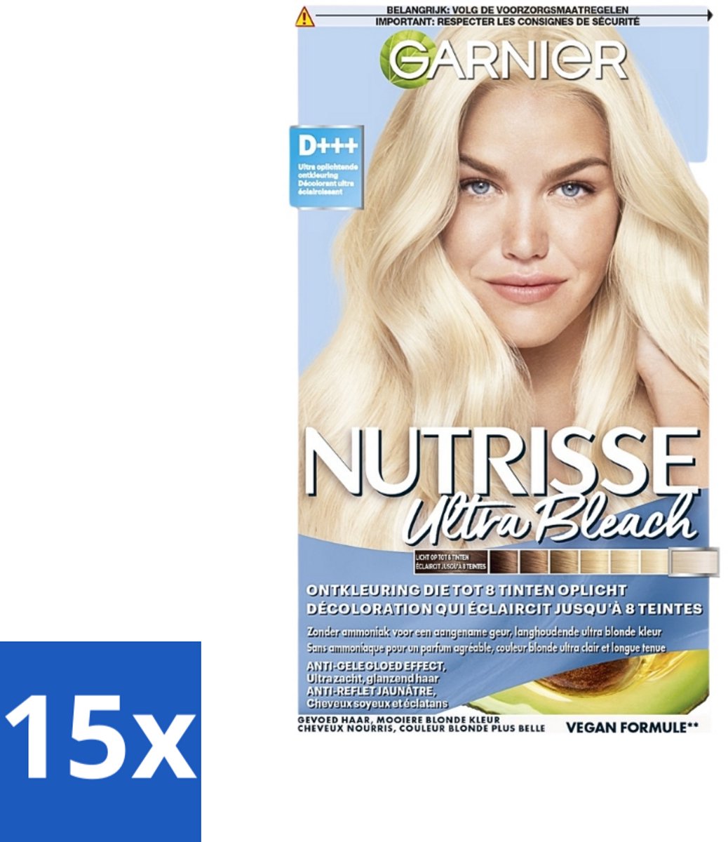 15 x Garnier - Nutrisse Ultra BLonde D+++ - Ontkleuring - Ultra Puur Blond - Super Oplichtend - Permanente Kleur - Ontkleuring - Haarkleur - Blond - Ultra Puur Blond - Anti-Geel