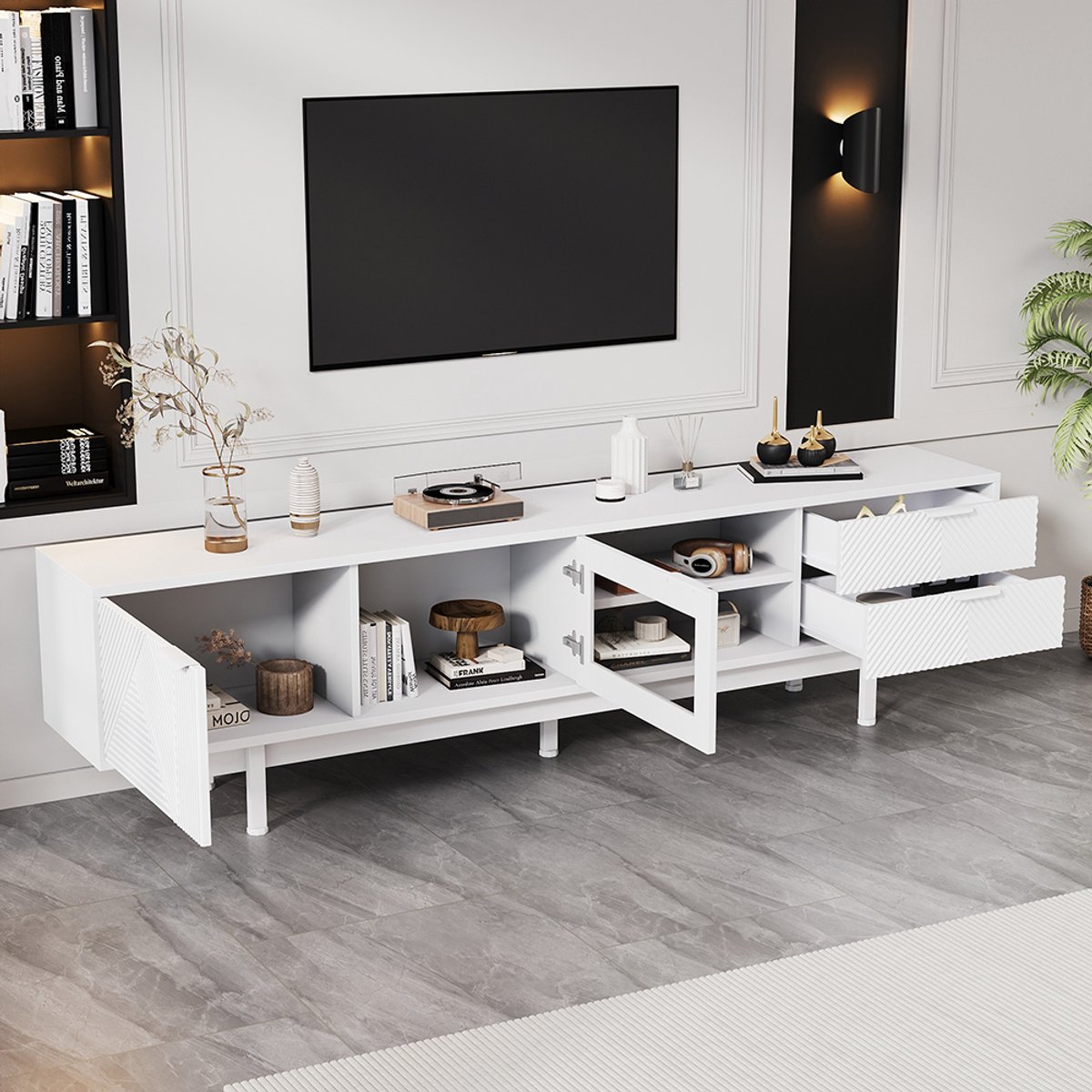 BLACKCOLORS Modern en eenvoudig tv-meubel 200*40*50,5 cm, laag meubel met 2 deuren en 2 lades, tv-meubel met grote opbergruimte, woonkamermeubel met een totaal draagvermogen van 45 kg, geschikt voor 80 inch, wit