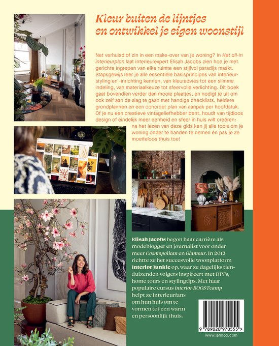 Achterkant boek 'Het all-in interieurplan' met foto's van interieurs, een bloeiende boom en Elisah Jacobs.
