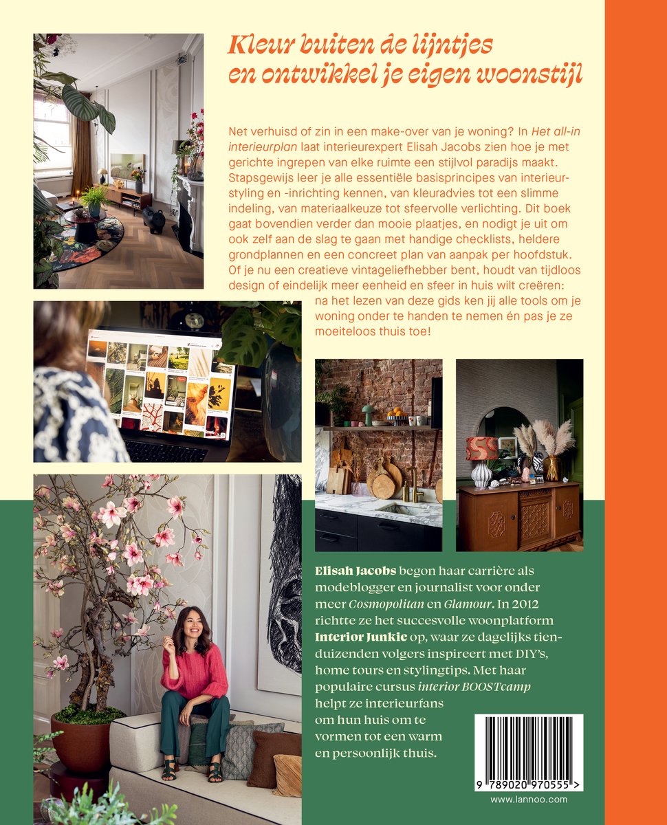 Achterkant boek 'Het all-in interieurplan' met foto's van interieurs, een bloeiende boom en Elisah Jacobs.
