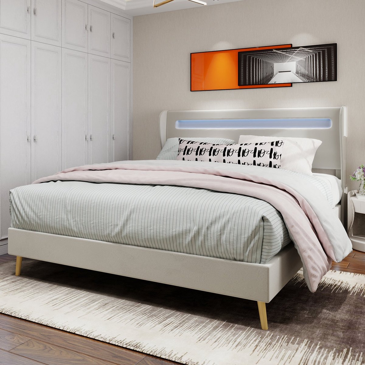 Merax Gestoffeerd Bed 160x200 cm – Modern Platformbed met LED-Verlicht Hoofdbord – Verstelbaar, Stevig en Comfortabel – Beige