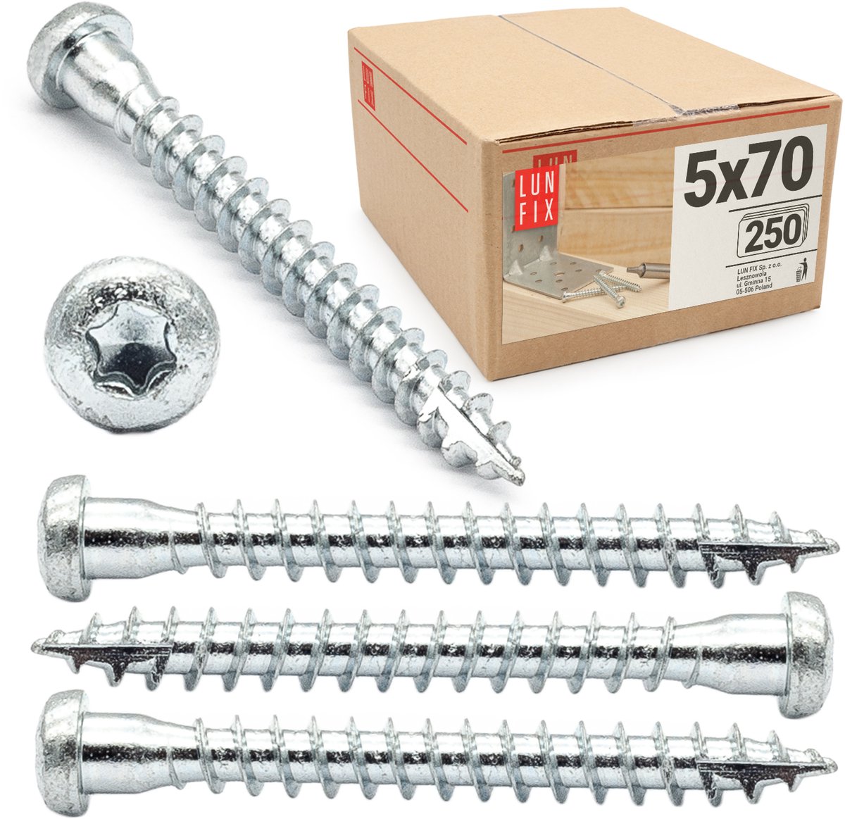 LUN FIX - Winkelbeschlagschroef 5x70 mm - 250 St. - Volledige draad - houtverbinding schroeven - ETA houtschroeven zilver verzinkt