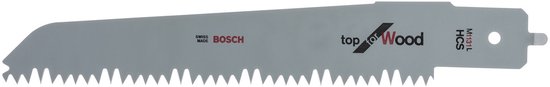 Een Bosch zaagblad voor hout met scherpe tanden. Het "top for Wood" logo en de tekst "Made in Swiss BOSCH HCS M1131L" zijn zichtbaar.