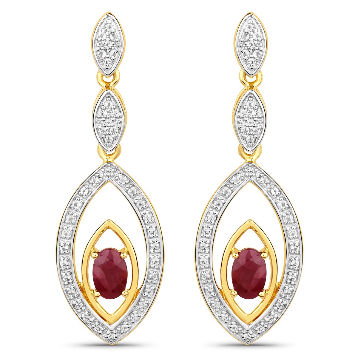 Vira Jewels Ohrringe Silber 925 zweifarbig 40mm lang mit 2x Rubin und 80x Weiß-Topas