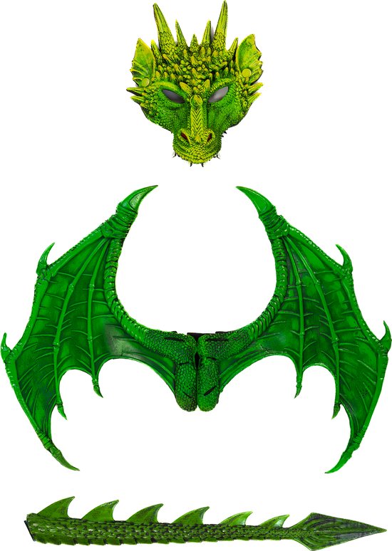 KIMU Verkleed Set Draak Groen Draken Masker Staart Vleugels