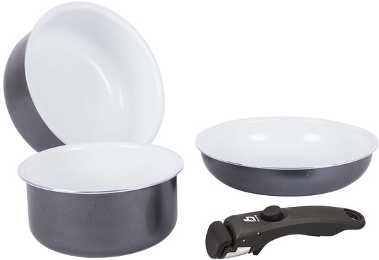 Drie donkergrijze kookpotten met witte binnenkant en een afneembare zwarte handgreep.