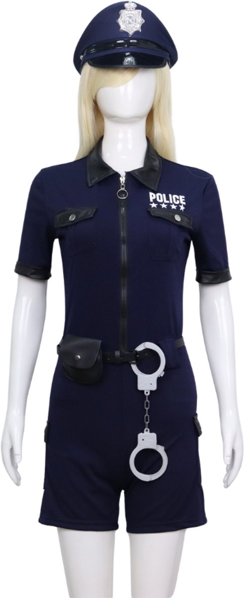 Joya Party® Verkleedpak Sexy Politie Agente Dames | Navy Blauwe stretch jumpsuit met leren details | Politiepet + Riem + Tasje + Handboeien | Verkleedkleding Volwassenen Halloween en Carnaval Vrouw | — afbeelding 11