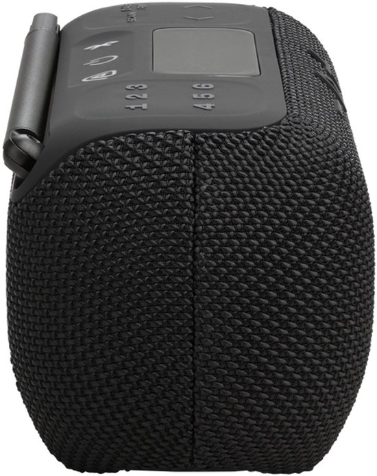 Zijzicht van de zwarte JBL Tuner 3 radio speaker met antenne.