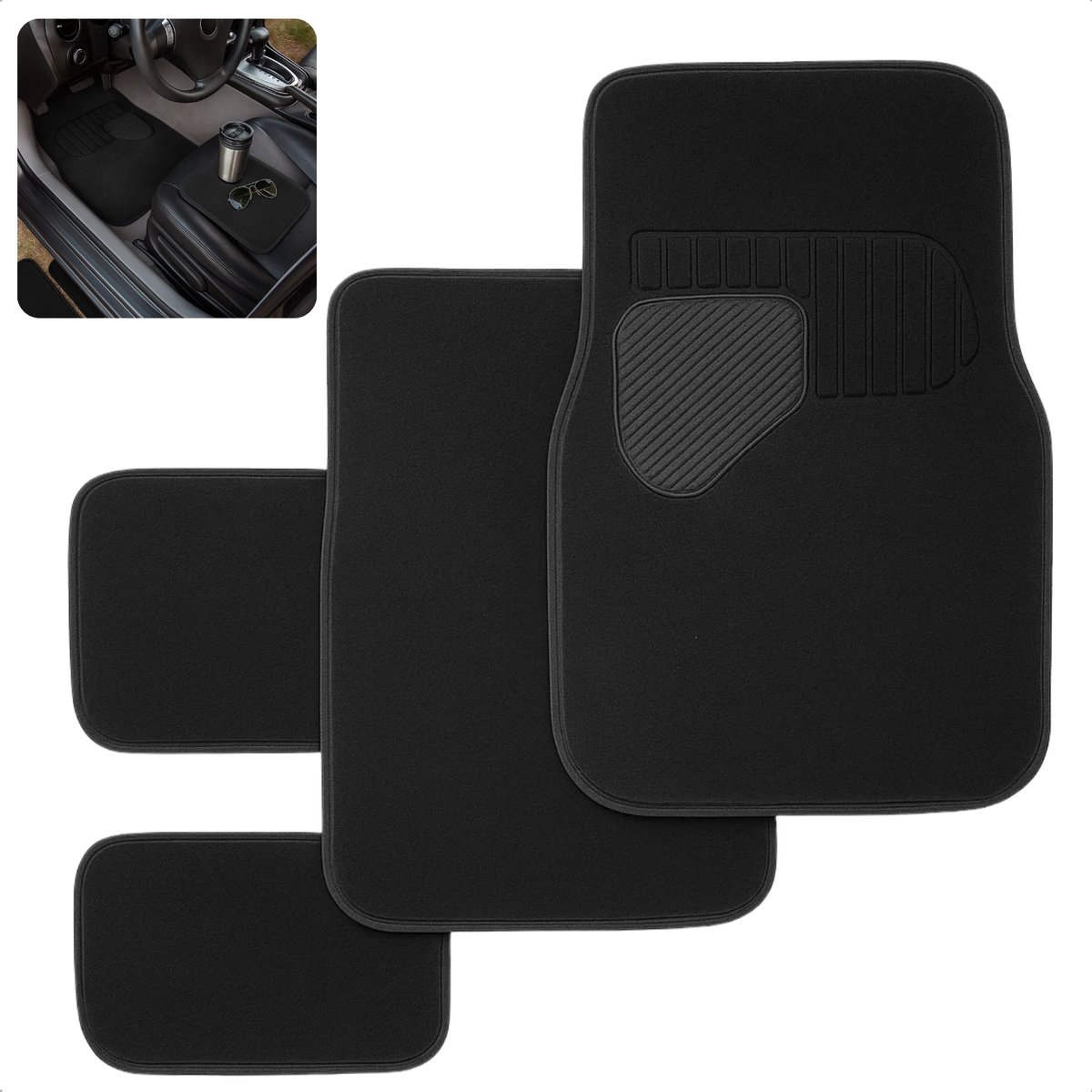 Cheqo® Universele Automatten - 4-Delige Set - Anti-Slip Bodem - Automatten Zwart - Eenvoudig Te Reinigen - Glijvaste Rug - Automatten Voor En Achter - Universeel Toepasbaar - Automatten Set - Chauffeursmat - Bijrijdermat - Matten Achterin