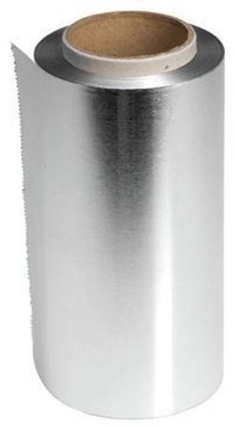 Rol aluminiumfolie, zilverkleurig, 12 cm breed en 100 m lang.