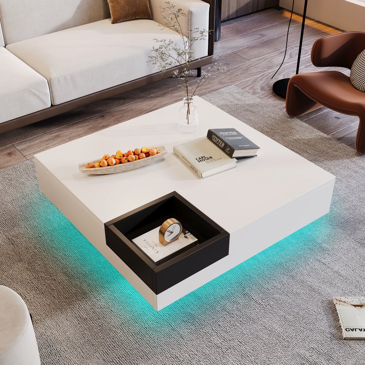 HAUSS SPOLE Salontafel - Koffietafel Met Afneembare Opbergbox En LED - Vierkant - Hoogglans Voor Woonkamer - 72x72x30 cm - Spaanplaat - Wit