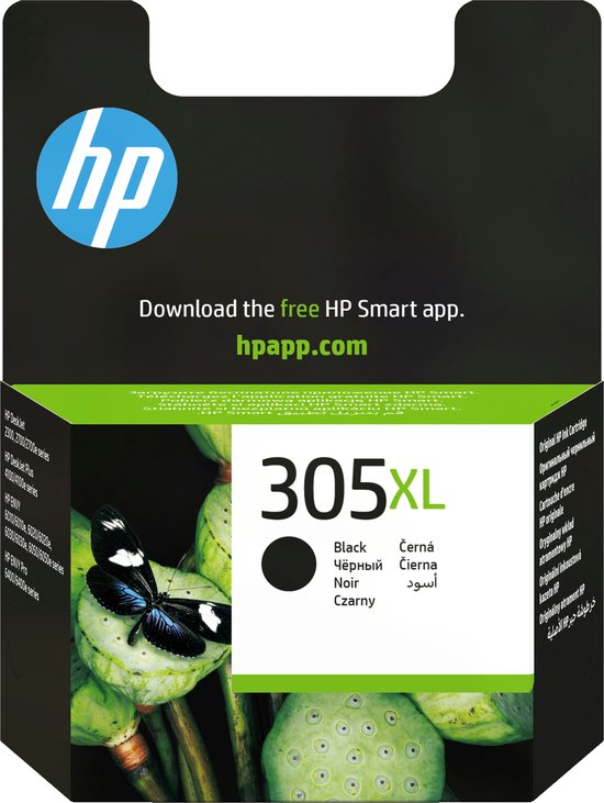 HP 305XL zwarte inktcartridge, verpakking met vlinder en bloemmotief.