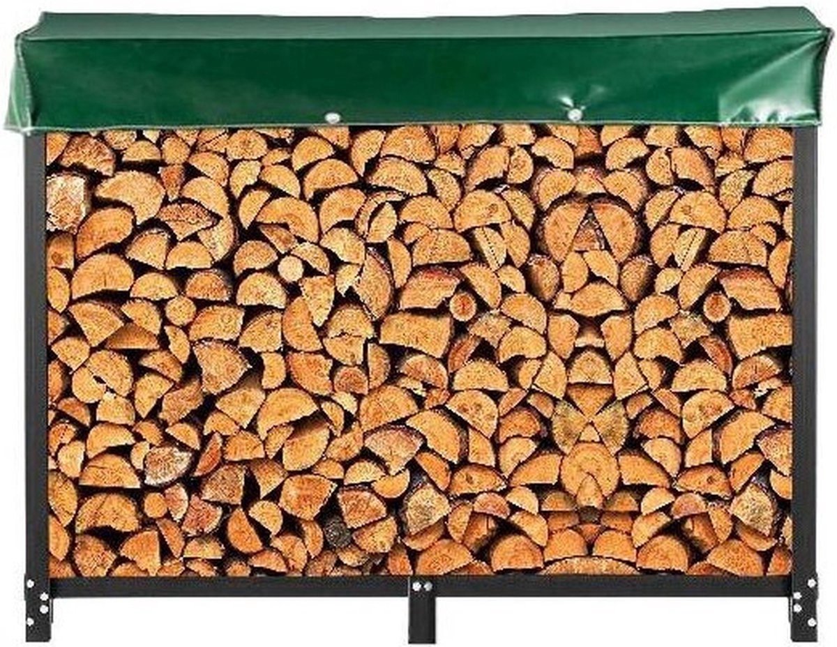 QPFO® Brandhoutrek Outdoor Zwart Staal - Weerbestendige Houtopslag tot 590 kg - Snelle Montage 244x36x122 cm