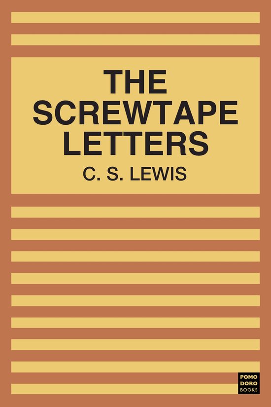 Boek 'The Screwtape Letters' van C. S. Lewis, met gele kaft en oranje strepen.