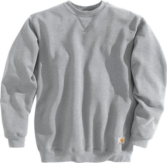 Grijze crewneck sweater van Carhartt met V-detail bij de nek en een Carhartt-label op de heup.