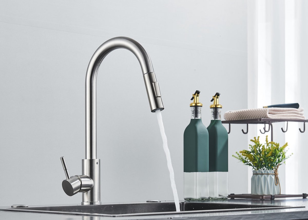 AIMADI Led-waterkraan, keuken, mengkraan, keukenkraan met sproeier, uittrekbaar, spoelbakarmatuur, spiraalveer-armatuur, keukenspoelbak, armatuur, zwart