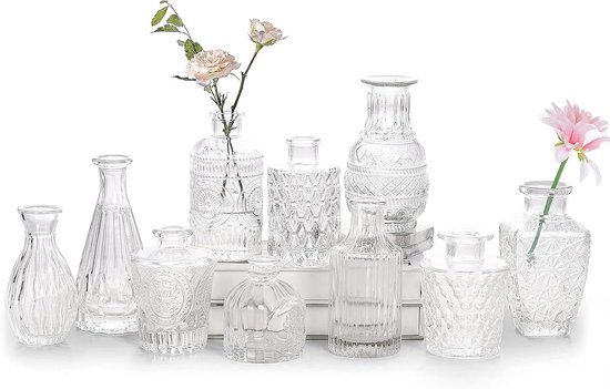 Set van 10 glazen vaasjes, mini doorzichtige vaasjes voor grote bestellingen, kleine vintage bloemenvaasjes voor bruiloften, feesten en decoratieve tafeldecoratie thuis