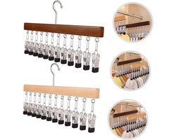 2 stuks - Droogrek - met 12 clips - Kledingrek met meerdere clips - Opbergrek - Hout - Droogrek - Geschikt voor sjaals, sokken en baseballpetten - Ruimtebesparend - Handige opbergruimte in de kast - 38 x 1,5 x 21 cm - Natuurlijk hout, bruin