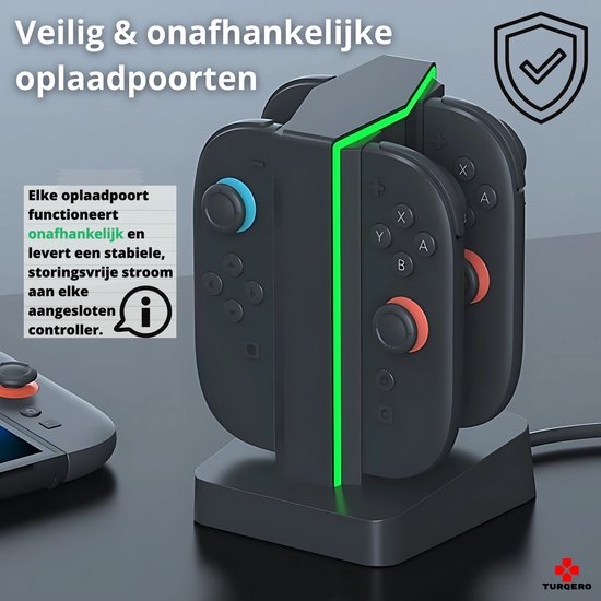 Zwarte oplaaddock voor 4 Switch Joy-Cons met groene lichtstrip in het midden. De controllers zijn aangesloten en worden opgeladen.