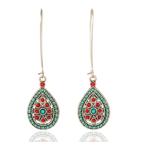 Boucles d'oreilles Boho longues en forme de larme argent pierres rouges et vertes