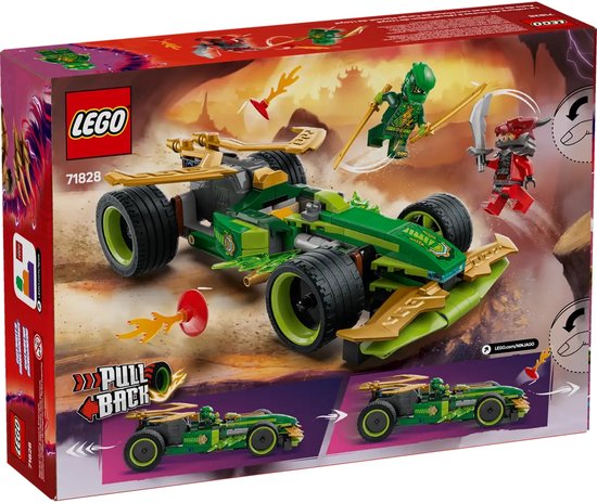 De doos van LEGO Ninjago set 71828 toont een groene en gouden racewagen, twee minifiguren en actiescènes.