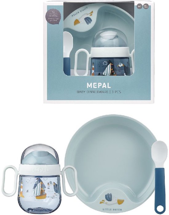 Mepal Mio – Service pour bébé 3 pièces – se compose d'une planche d'entraînement, d'une tasse anti-déversement et d'une cuillère d'entraînement – Baie des marins – Léger – Peut prendre des coups