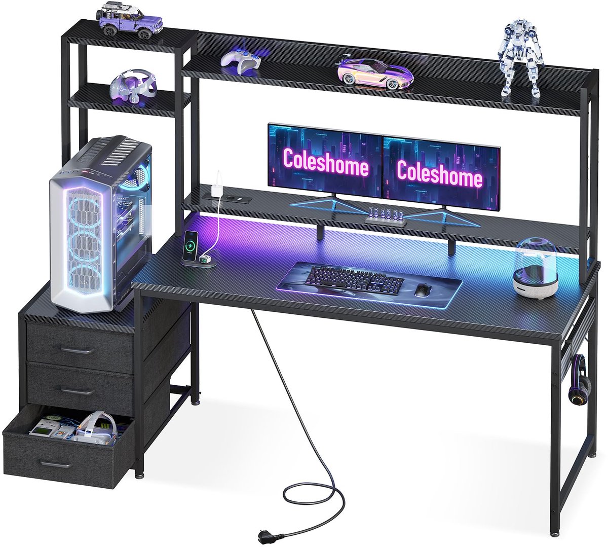Ibenzoa® Ruim gamingbureau met verlichting, stopcontact en monitorstandaard voor gamers en studenten