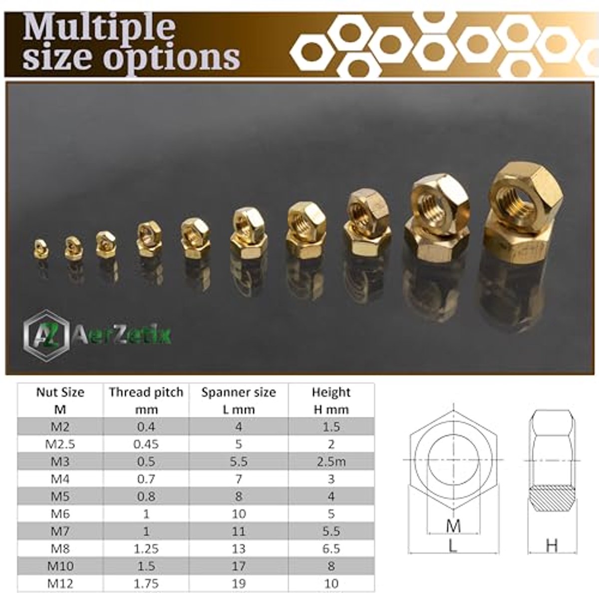 Set van 15 M6 hex moeren - messing - goud - voor mechanische assemblies en DIY projecten