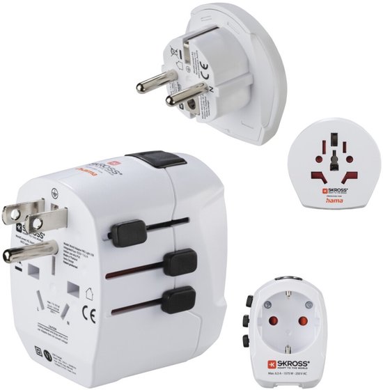 Collage van een witte wereldreisadapter met Amerikaanse stekkers en twee USB-A poorten, een Europese stekker en een Europese adapter.