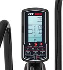 Zwart fitnessapparaat met digitaal display, waarop 'FIT BIKE', 'TOTAL TIME', 'CYCLE', 'WATTS', 'SPEED', 'RPM', 'DISTANCE', 'CALORIES' en 'NO HR SIGNAL' staat.