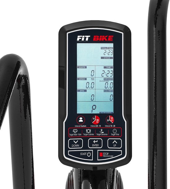 Zwart fitnessapparaat met digitaal display, waarop 'FIT BIKE', 'TOTAL TIME', 'CYCLE', 'WATTS', 'SPEED', 'RPM', 'DISTANCE', 'CALORIES' en 'NO HR SIGNAL' staat.