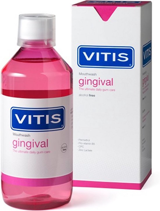 Fles Vitis Gingival mondwater met roze vloeistof en doosje.