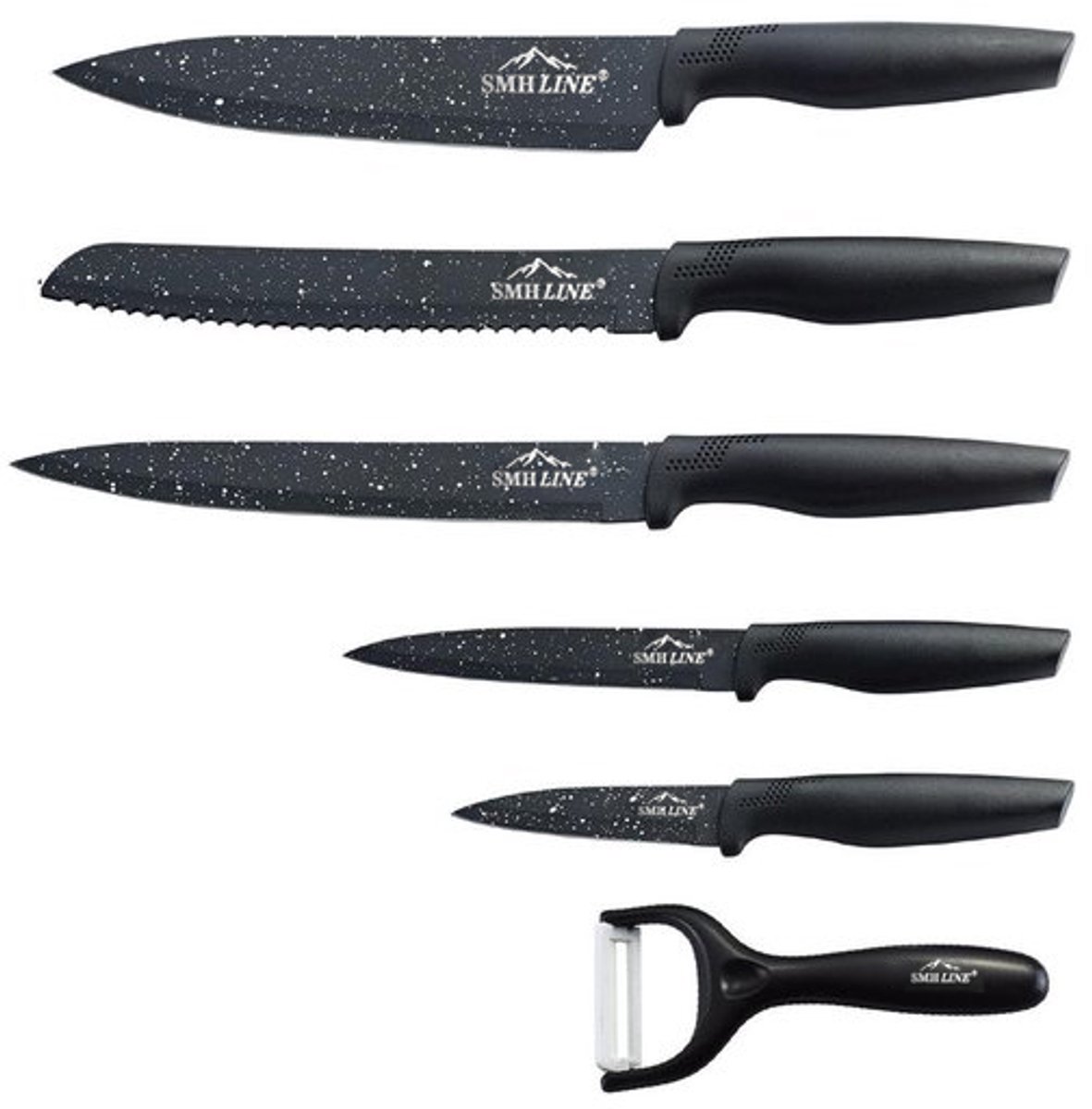 SMH LINE® Messenset - 6 Delig - Professionele keukenmessen Set - Antiaanbaklaag - RVS - Zwart