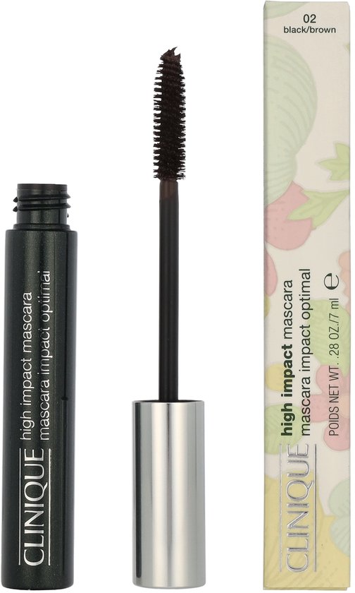 Clinique High Impact Mascara 02 zwart/bruin met kartonnen verpakking met bloemenprint.