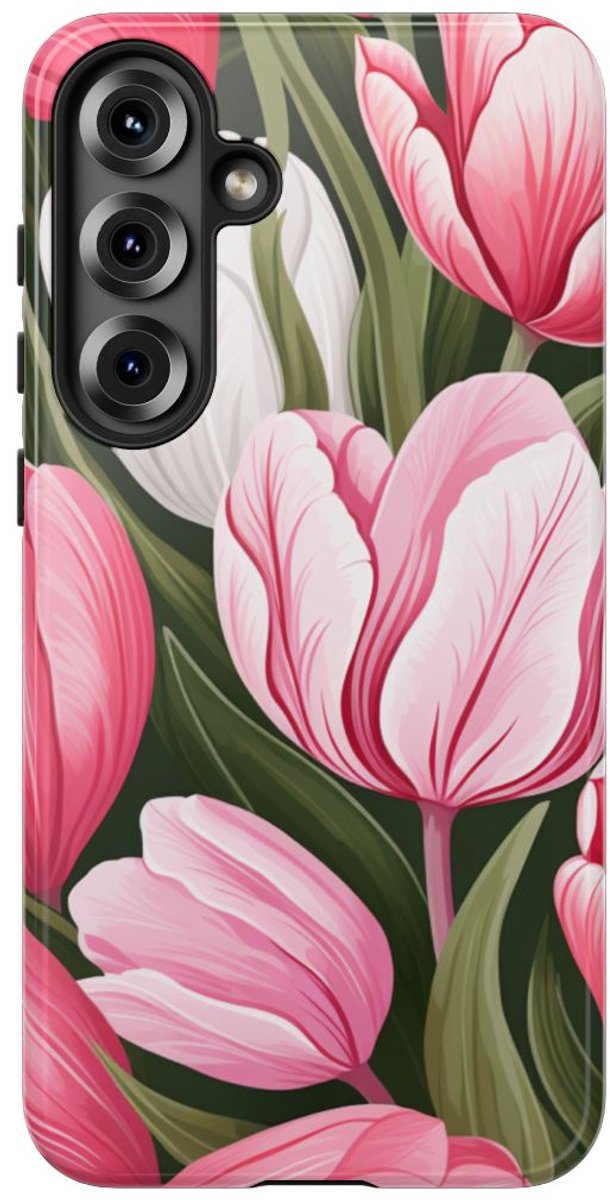 Roze en Witte Tulp Bloemenpatroon – Telefoonhoesje Geschikt voor Samsung Galaxy S25 Plus